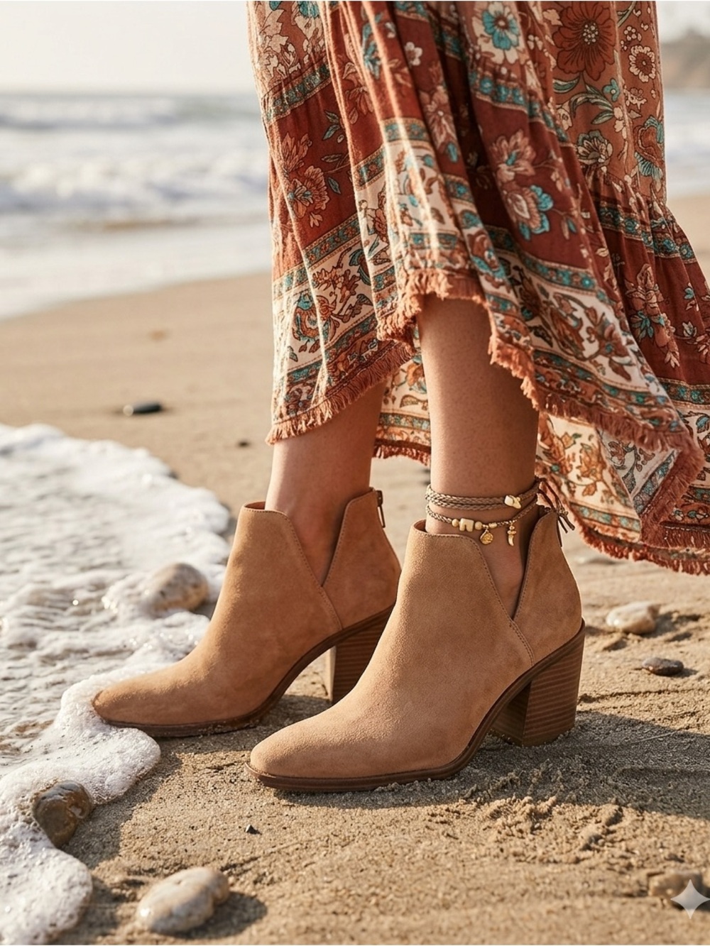 Tan Suede Pointed Cowgirl Ankle Boots